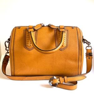 orYANY gold mustard orange tan leather satchel tote handbag purse 12"x9"x7"